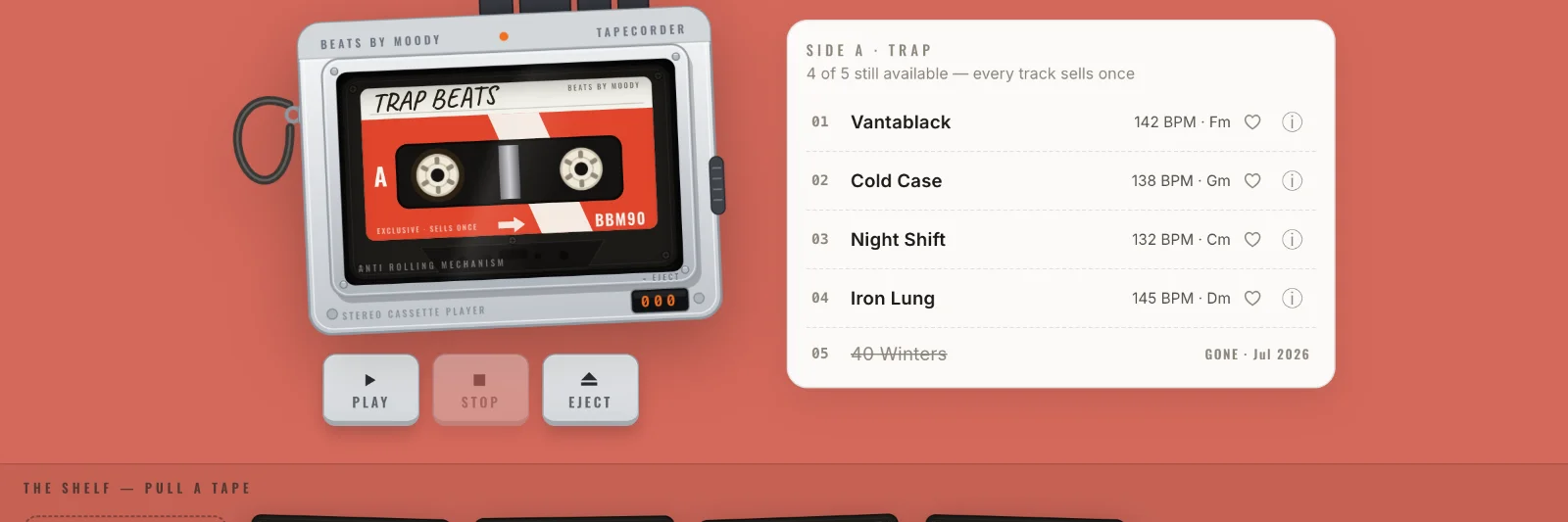 A chrome walkman with a cassette seated in the deck, with cassettes for every genre on the shelf below